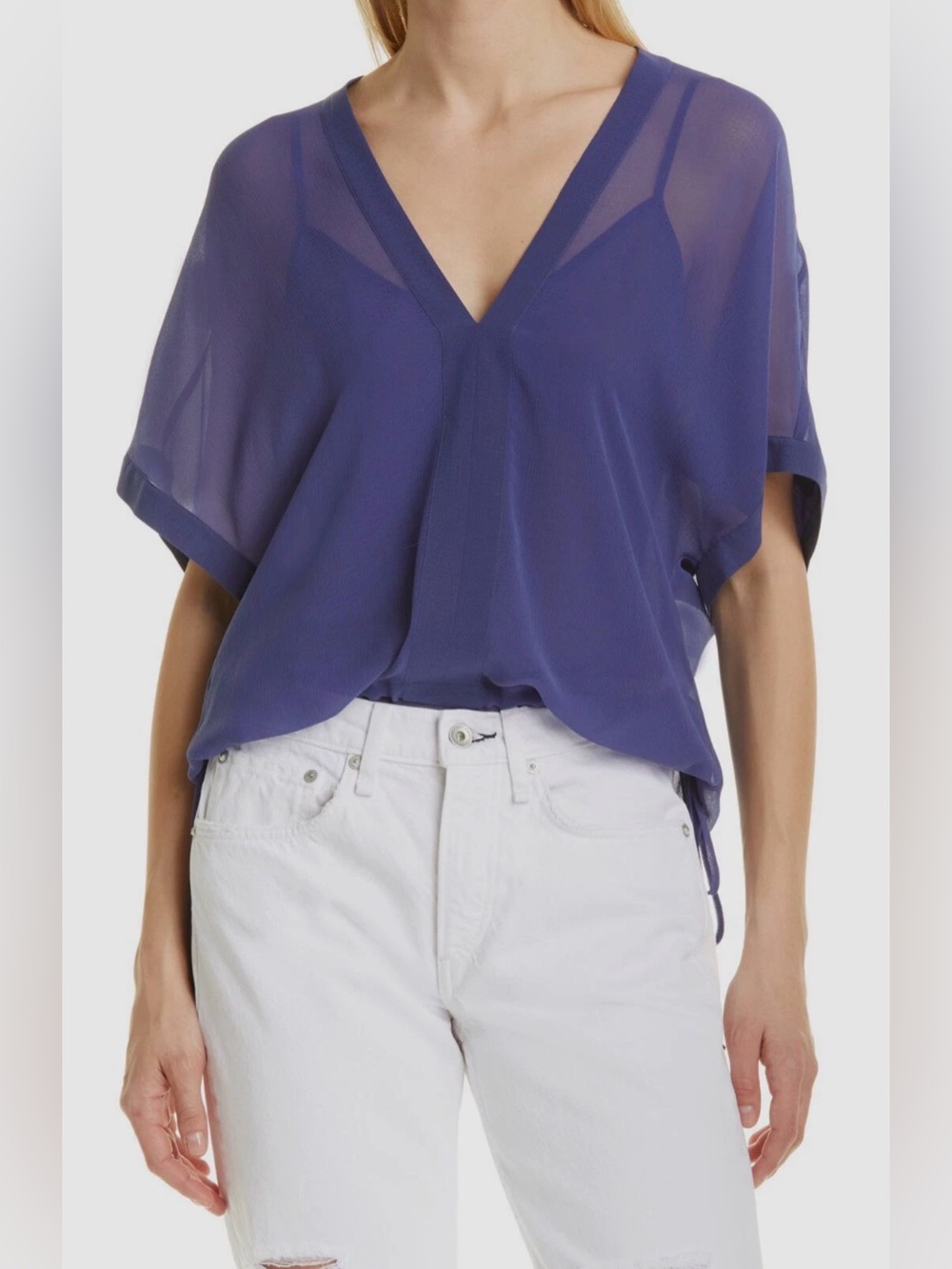 Rag & Bone Elysse blue Sheer V-Neck Dolman Top in Deep Blue NEW short sleeve XS